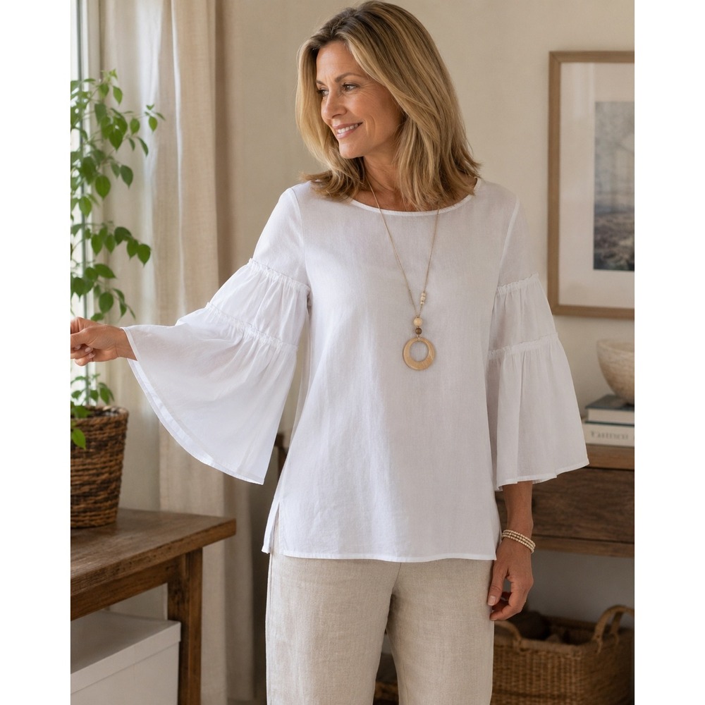 J. Jill Womens White Tencel Lyocell Tiered Bell Sleeve Blouse Size M Boho Chic